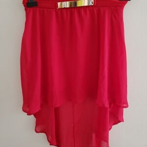 Women's Skirt Red Chiffon High-Low Maxi Skirt Gold Metal Hardware Waist Size XL